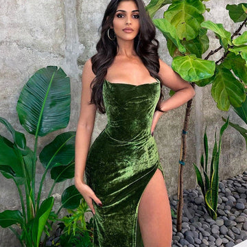 Velvet Backless Bandage Green Slip Dress Prom Dress HZ1023